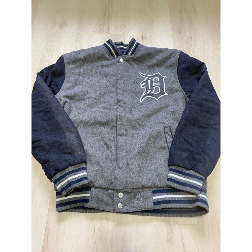 MLB Detroit Tigers Navy Wool Blend AL Reversible Varsity Jacket Men's Size Large